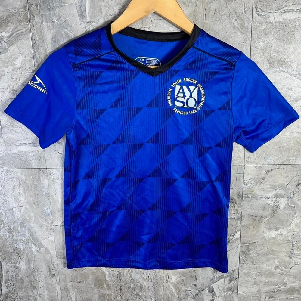 Score AYSO‎ youth medium blue and black soccer jersey